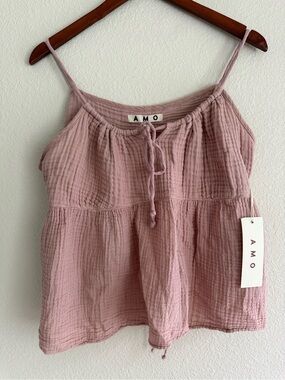 AMO Pink Crinkle Cotton Gauze Babydoll Cami Tank Top Size XL